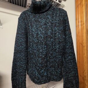 DKNY Black and Teal Turtleneck Sweater